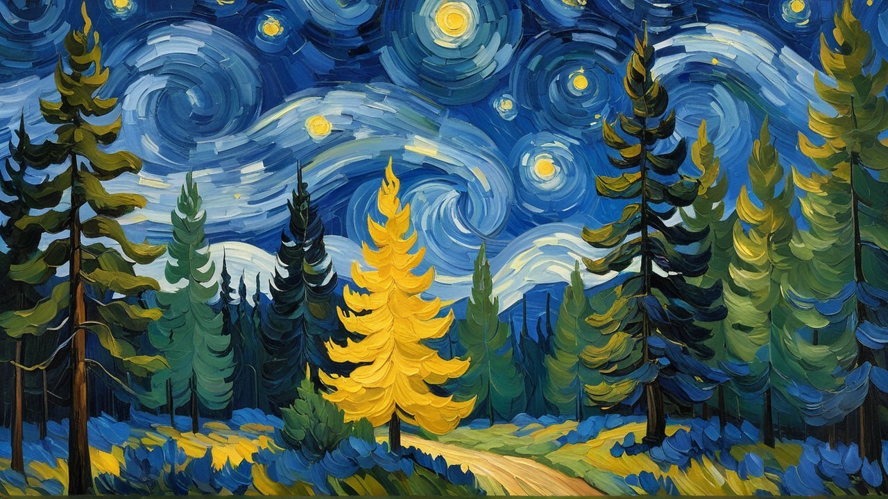 Vibrant Oil Painting of a Night Forest Scene