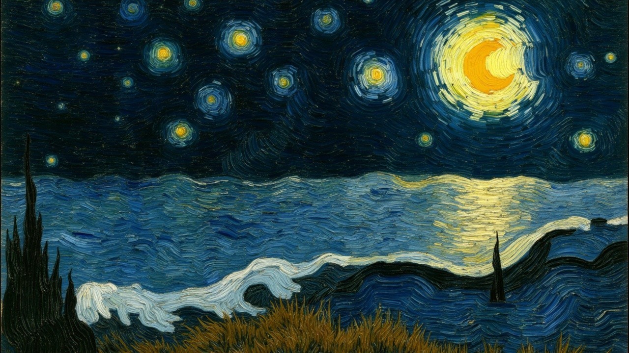 Starry Night Landscape with Swirling Skies and Moon