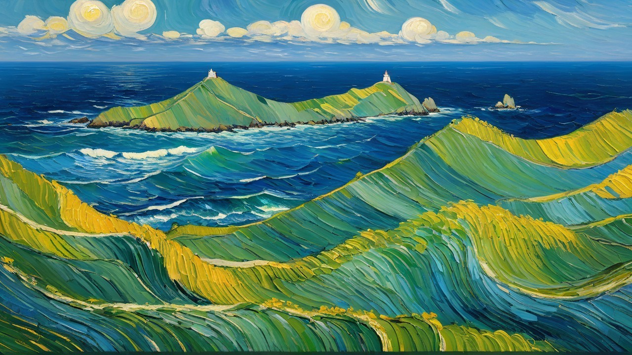 Vibrant Seascape with Green Hills and Lighthouses
