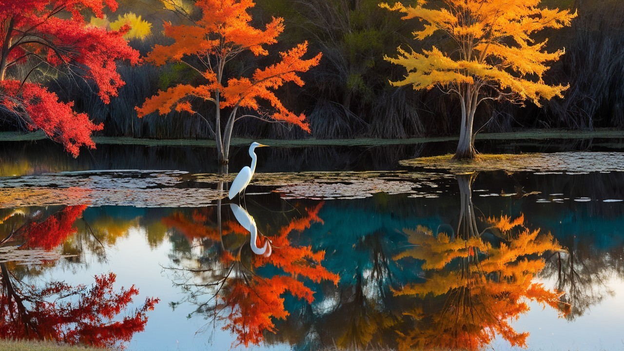 Tranquil Pond with Autumn Trees and Heron Reflection