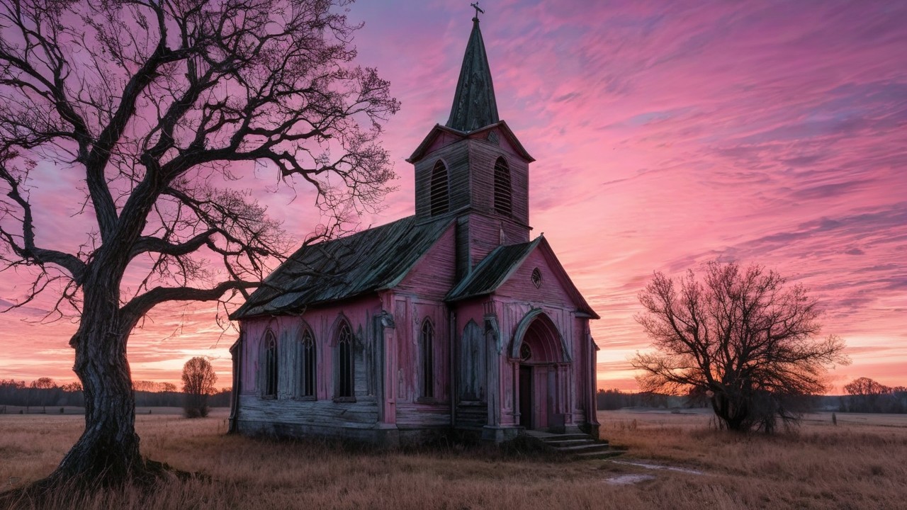 Weathered Church in a Sunset Field Landscape