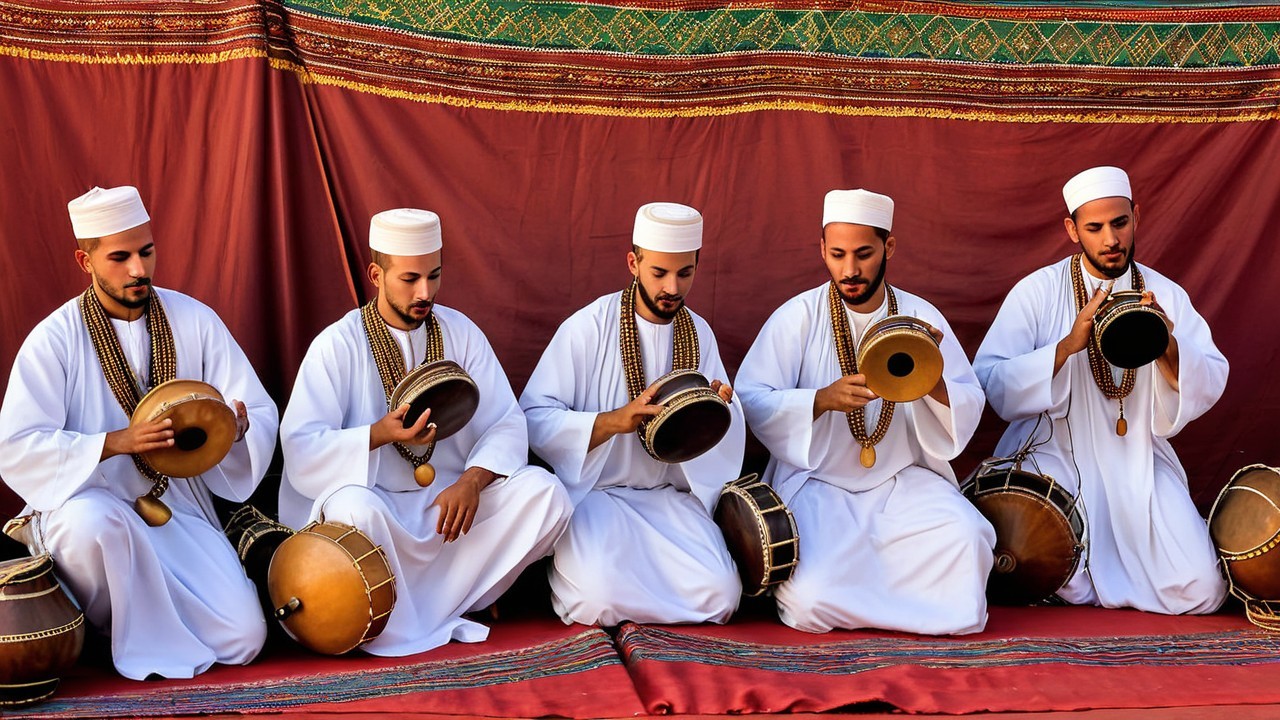 Musicians in Traditional Attire Perform with Percussion Instruments