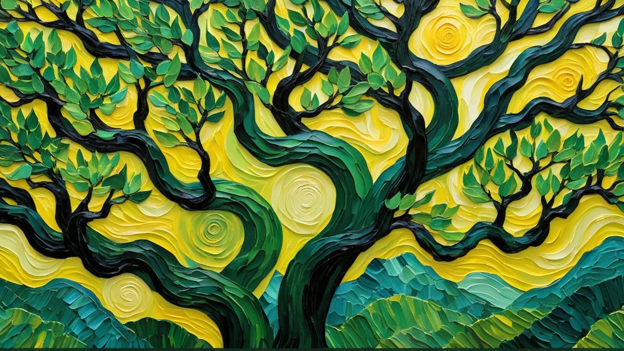 Textured Artwork of a Stylized Tree on Yellow Background