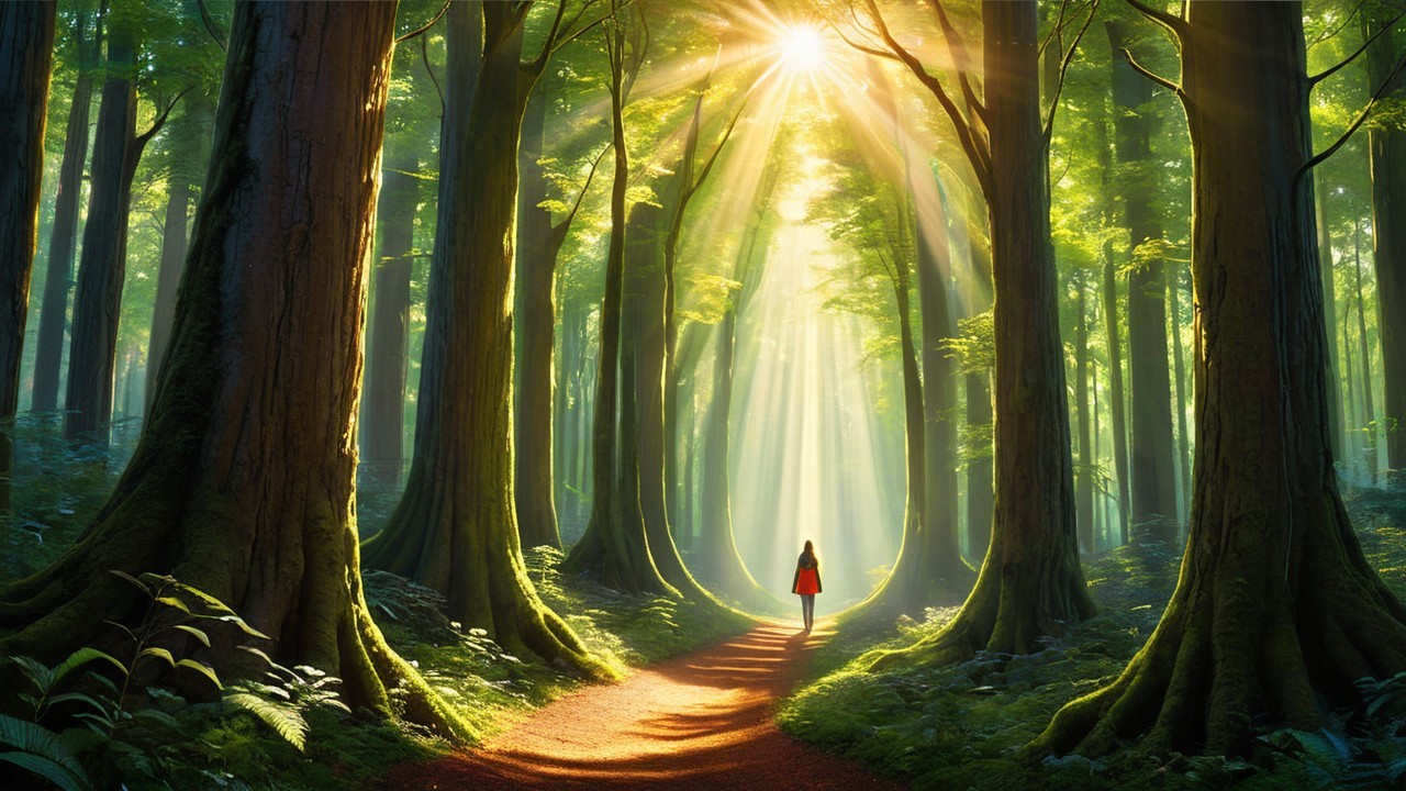 Solitary Figure in Red Dress on Forest Path