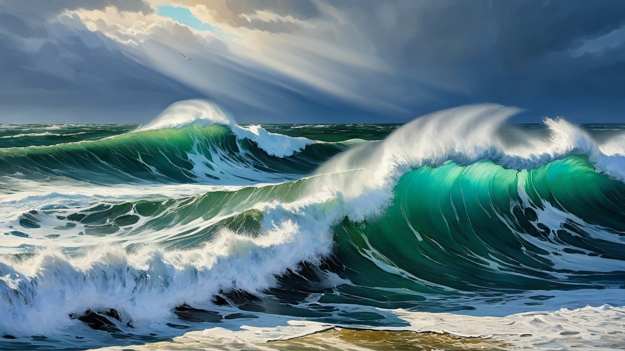 Dramatic Seascape with Crashing Waves and Moody Sky