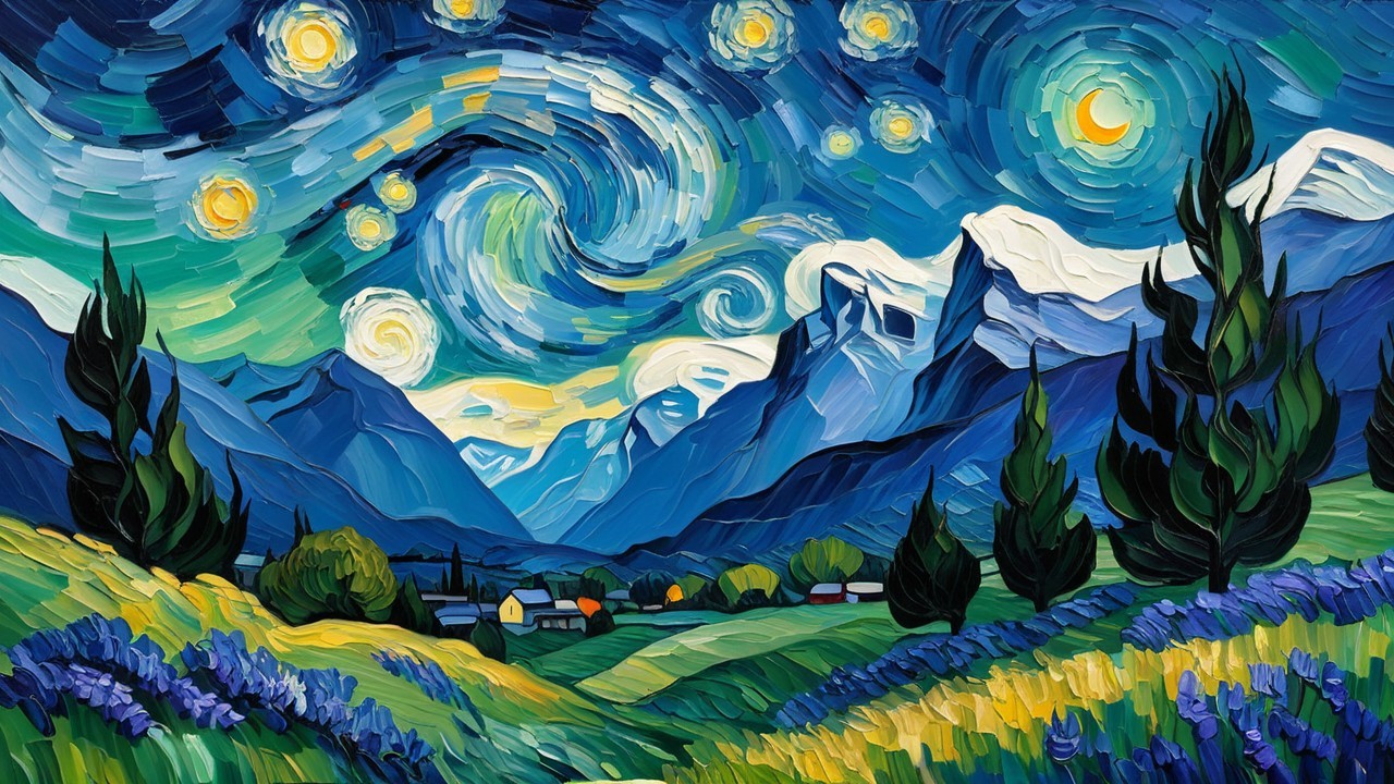 Vibrant Landscape with Stars, Moon, and Mountains