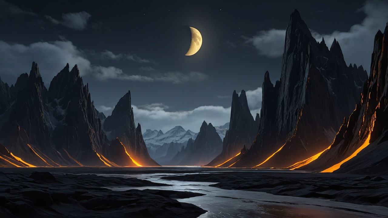 Dramatic Landscape with Crescent Moon and Lava Streams