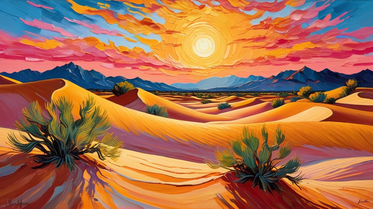 Vibrant Desert Landscape at Sunset with Distant Mountains