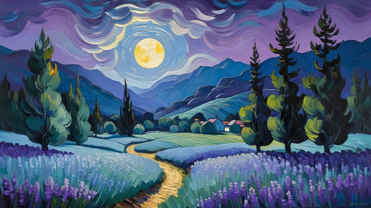 Lavender Fields Under Moonlit Sky with Trees and Houses