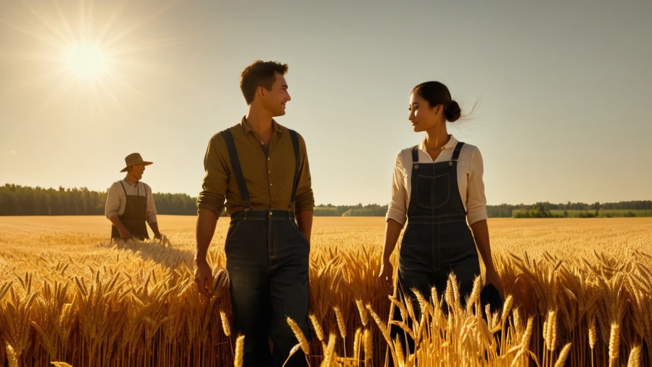 Sunlit Wheat Field with Couple and Farmer in Background