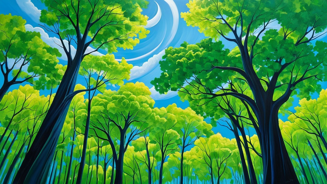 Vibrant Forest Scene with Tall Trees and Blue Sky