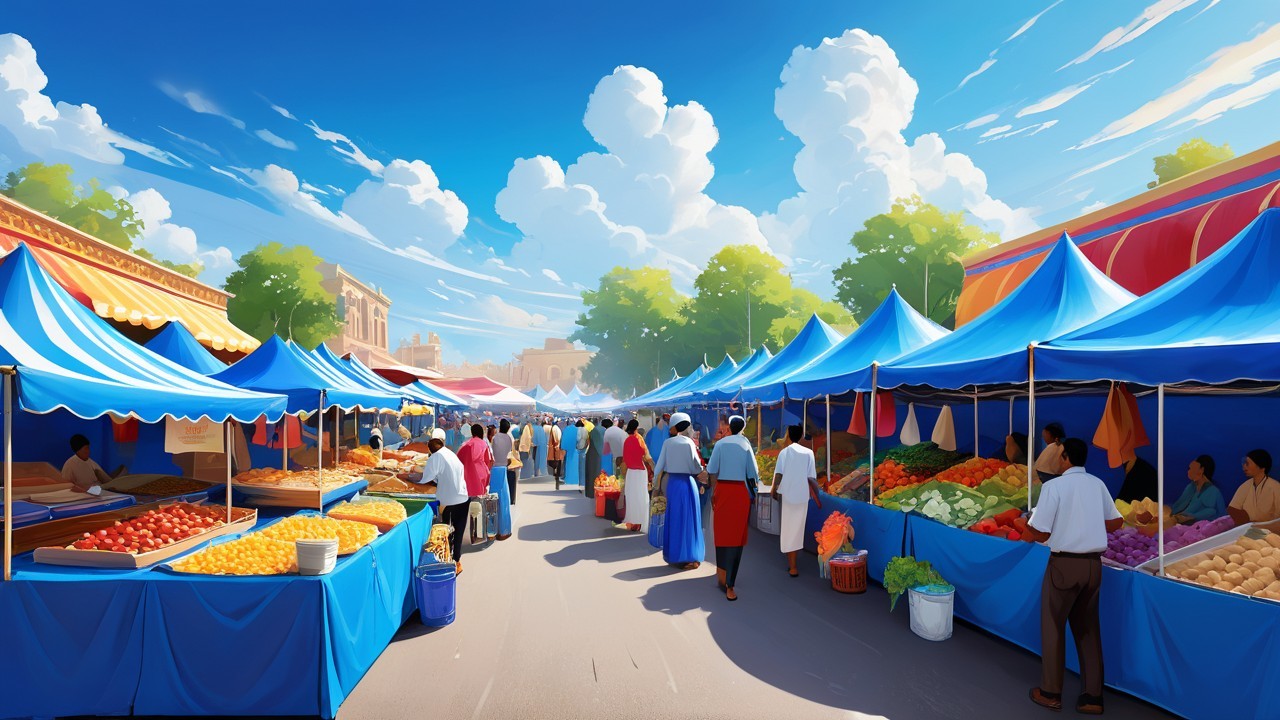 Vibrant Outdoor Market Scene with Colorful Tents