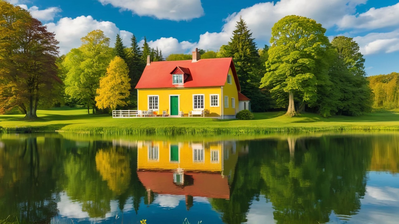 Charming Yellow House by Serene Lake and Greenery