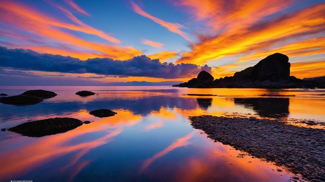 Vibrant Sunset Over Calm Waters and Silhouetted Rocks
