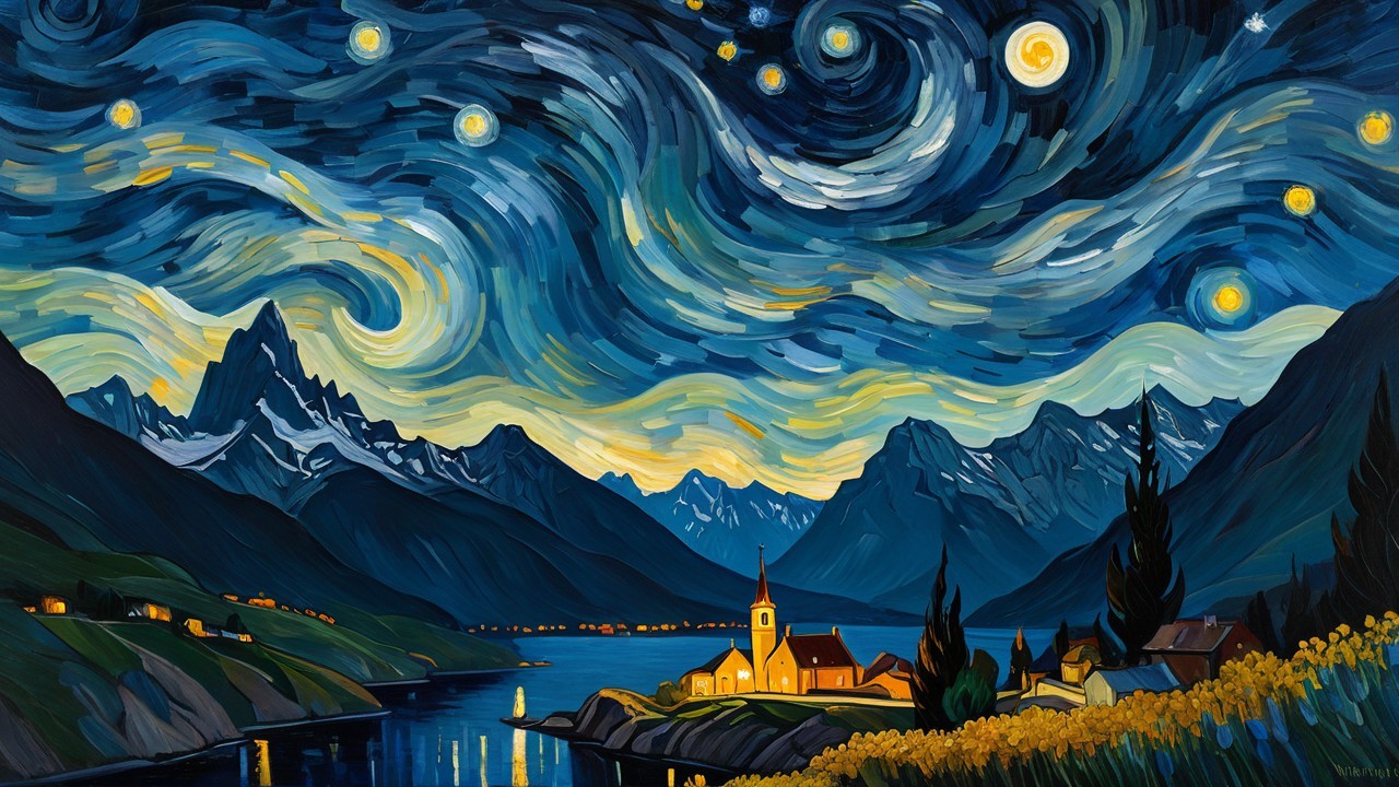 Starry Night Over a Valley with Mountains and Village