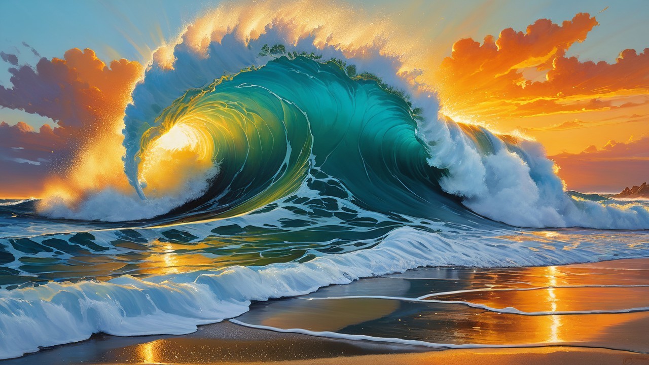 Sunset Wave Crashing on Shore with Vibrant Colors