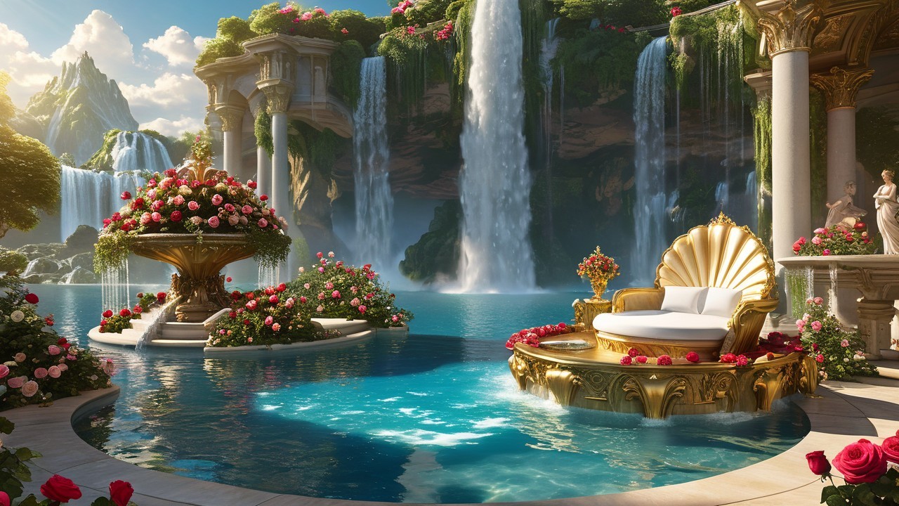 Ornate Outdoor Seating Area by Sparkling Pool