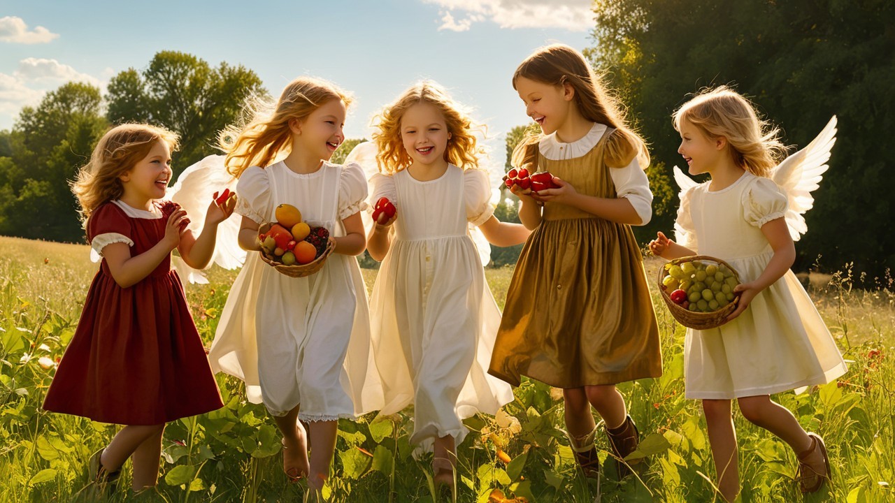 Young girls with fruit baskets in a sunlit field