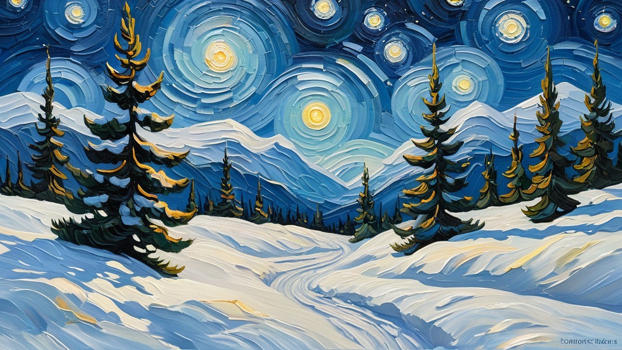 Winter Scene with Starry Night Sky and Mountains