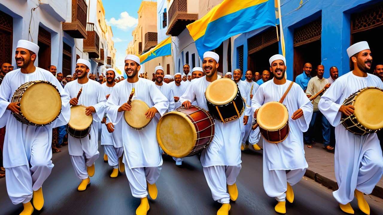 Vibrant Street Scene with Musicians in Traditional Attire