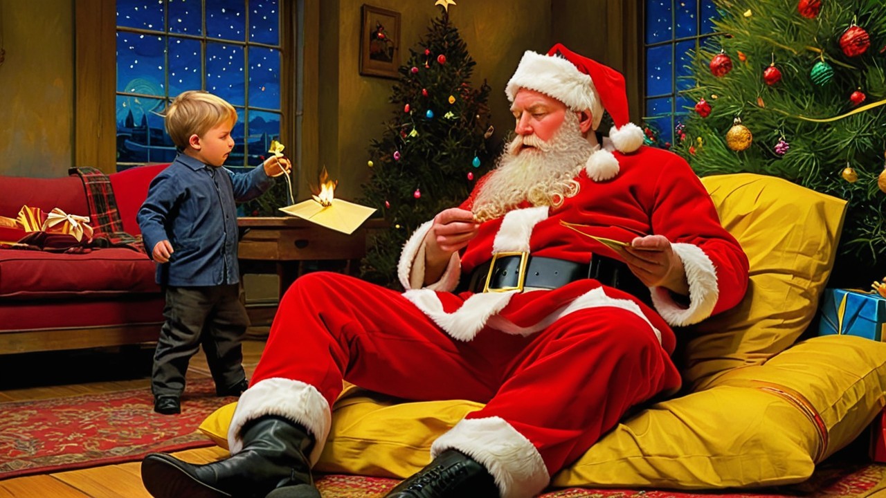 Santa Claus in Festive Room with Young Boy and Object