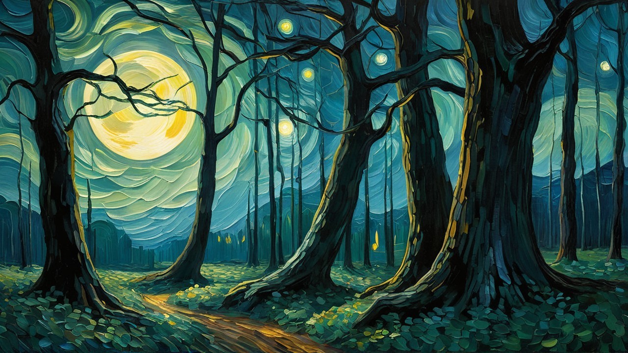 Moonlit Forest Scene with Twisting Trees and Orbs