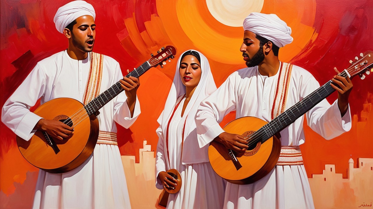 Three Musicians in Traditional Attire Against Orange Background