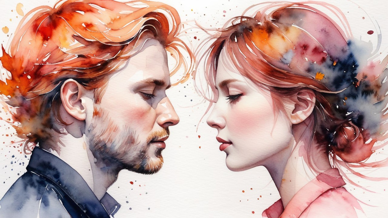 Watercolor Painting of Intimate Couple in Profile