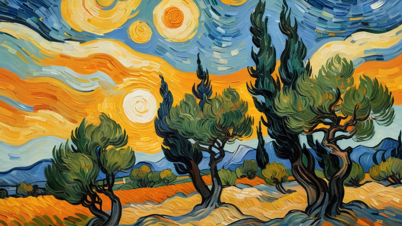Vibrant Landscape with Swirling Orange and Blue Skies