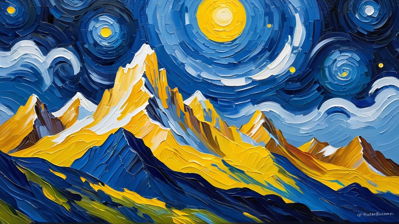 Vibrant Oil Painting of Mountains Under Night Sky