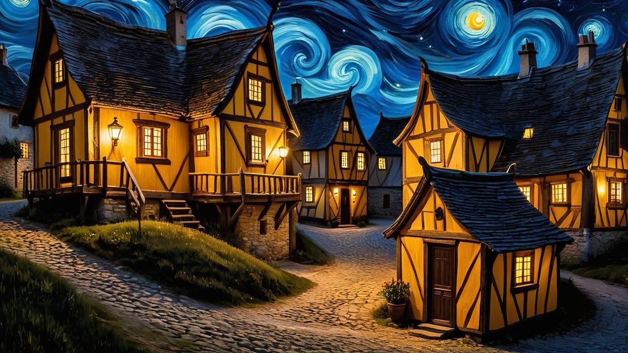 Charming Village Scene with Warm Light and Starry Sky