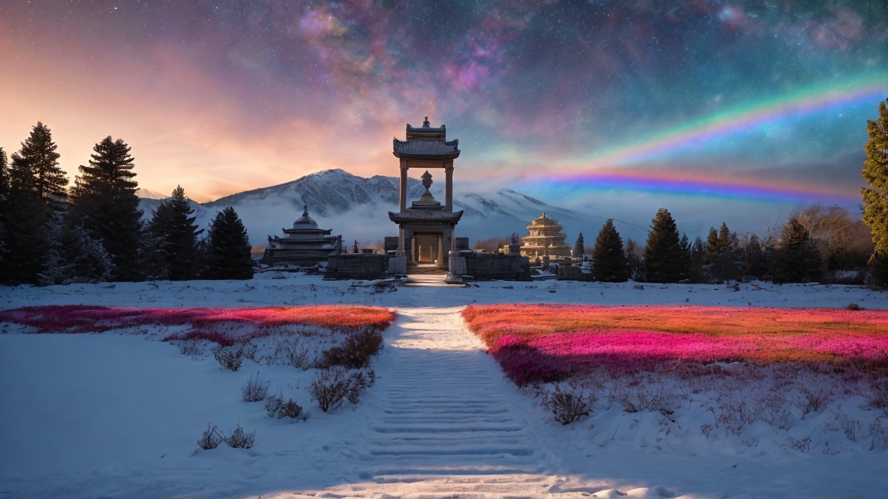 Serene temple landscape with flowers and mountains