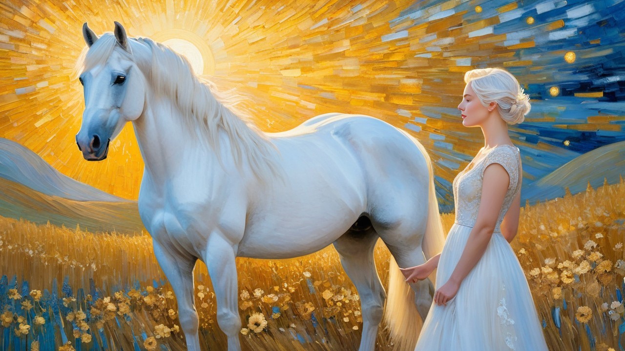Woman in White Gown Touching White Horse at Sunset