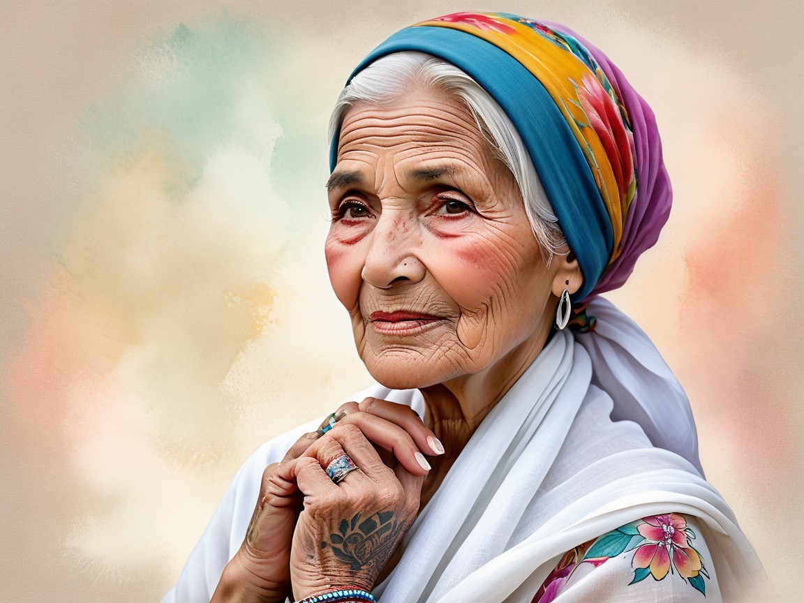 Elderly Woman with Headscarf and Intricate Jewelry