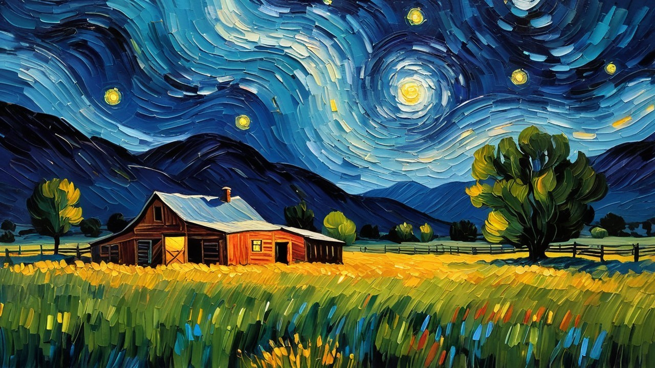 Vibrant Landscape with Rustic Barn and Night Sky
