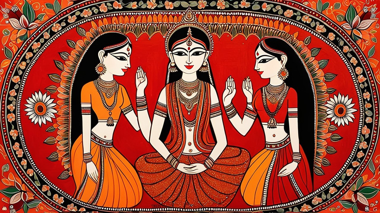 Traditional Artwork with Female Figures and Floral Patterns
