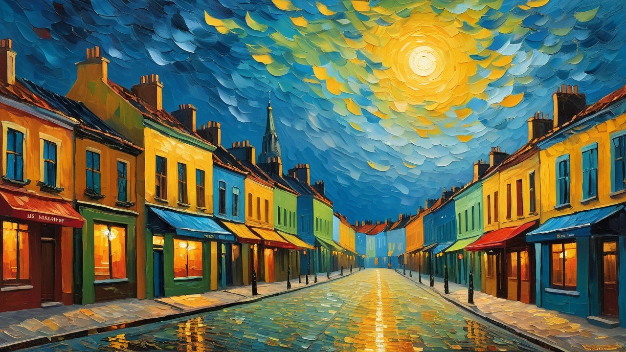 Impressionistic Street Scene Under Moonlight