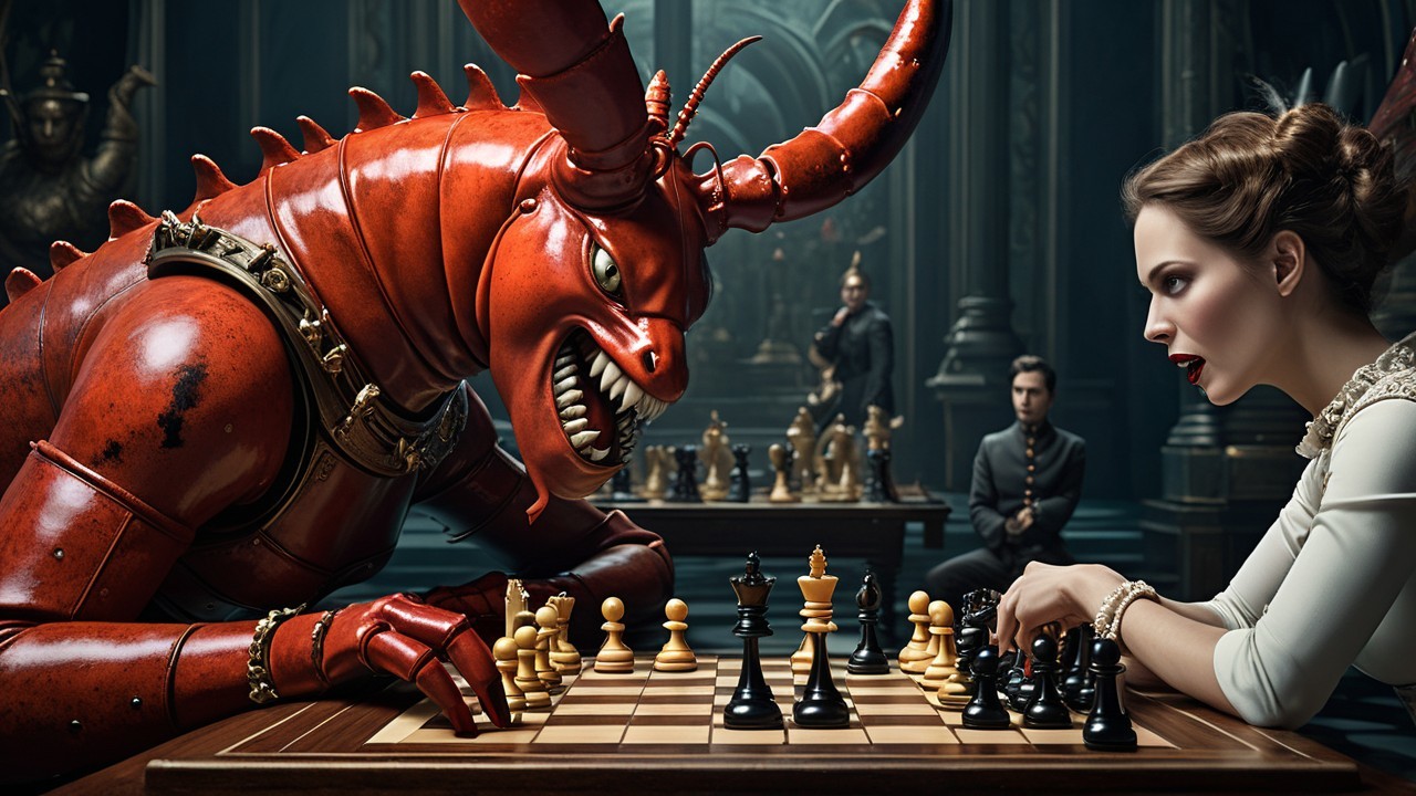 Gothic Chess Match Between Woman and Red Demon
