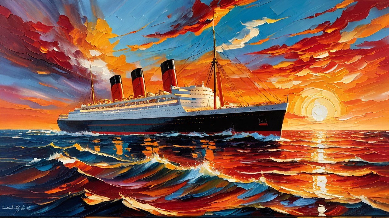 Vibrant Impasto Oil Painting of Ocean Liner at Sunset