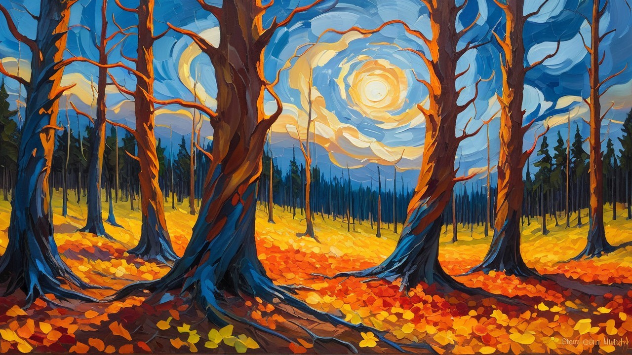 Vibrant Forest Landscape with Autumn Colors and Sunlight