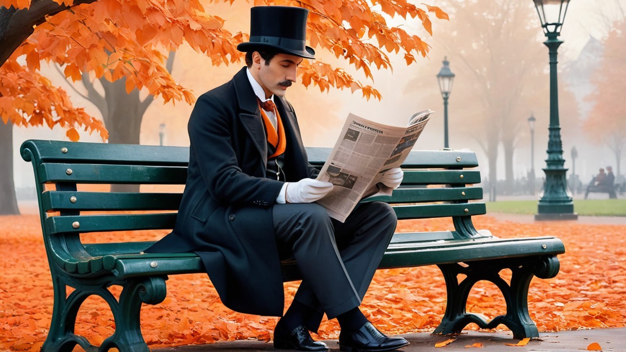 Vintage Man in Formal Attire Reading in Autumn Park