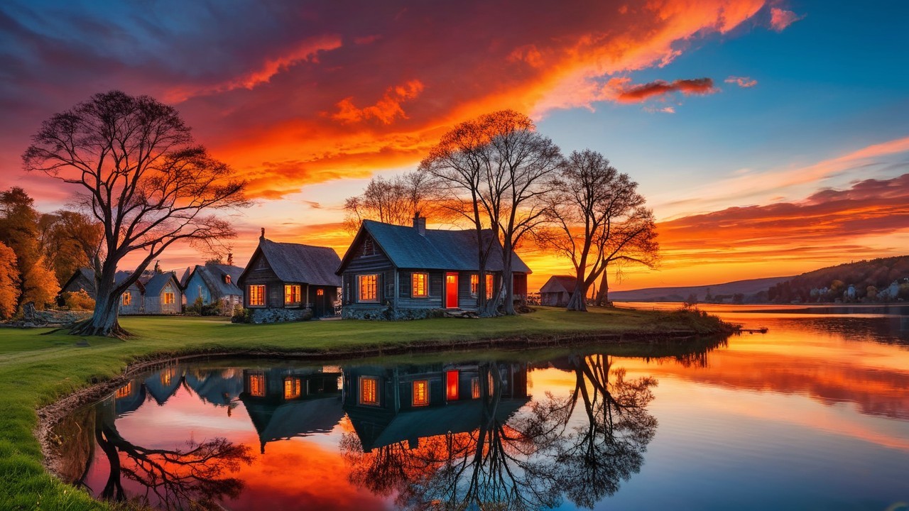 Sunset Over Charming Cottages and Serene Water