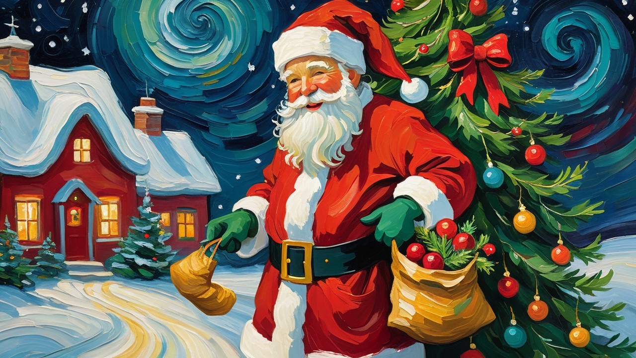 Santa Claus Next to a Decorated Christmas Tree