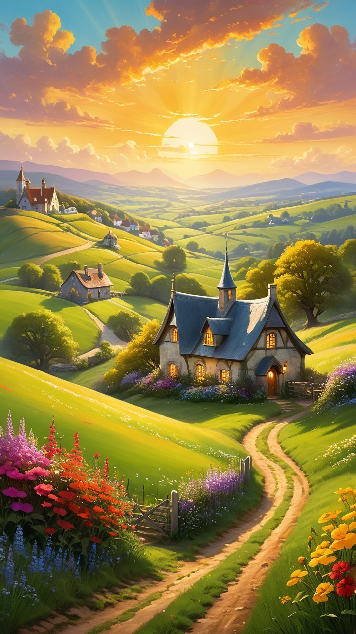 Picturesque Countryside Scene at Sunset with Cottage