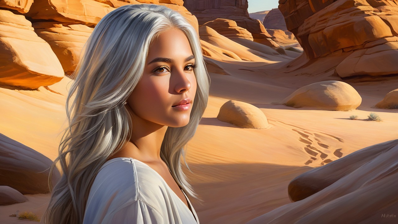Desert Landscape with Young Woman and Rock Formations