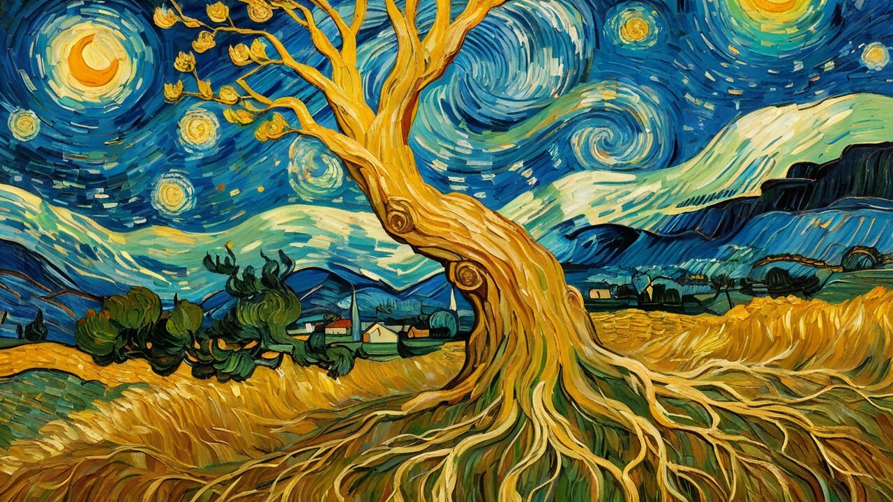 Vibrant Night Sky with Tree and Cottages Landscape