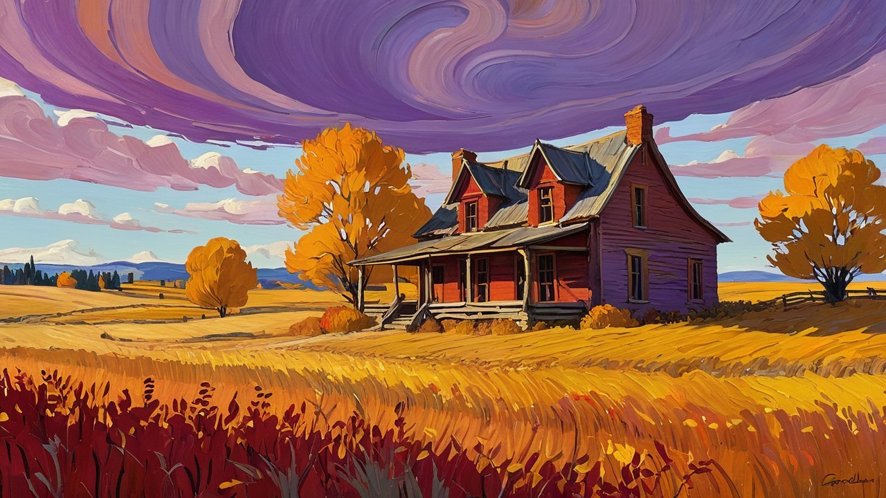 Rustic Red Farmhouse in Autumn Landscape Painting