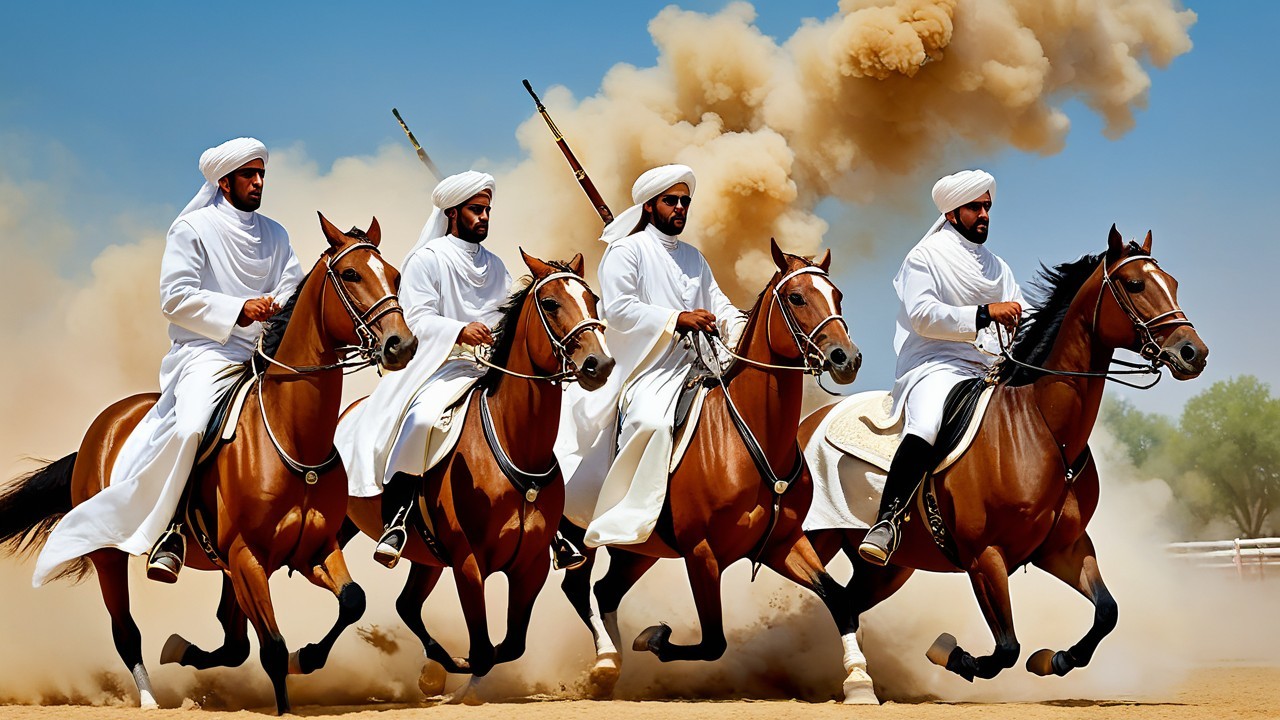 Four Horsemen in White Attire Riding Brown Horses