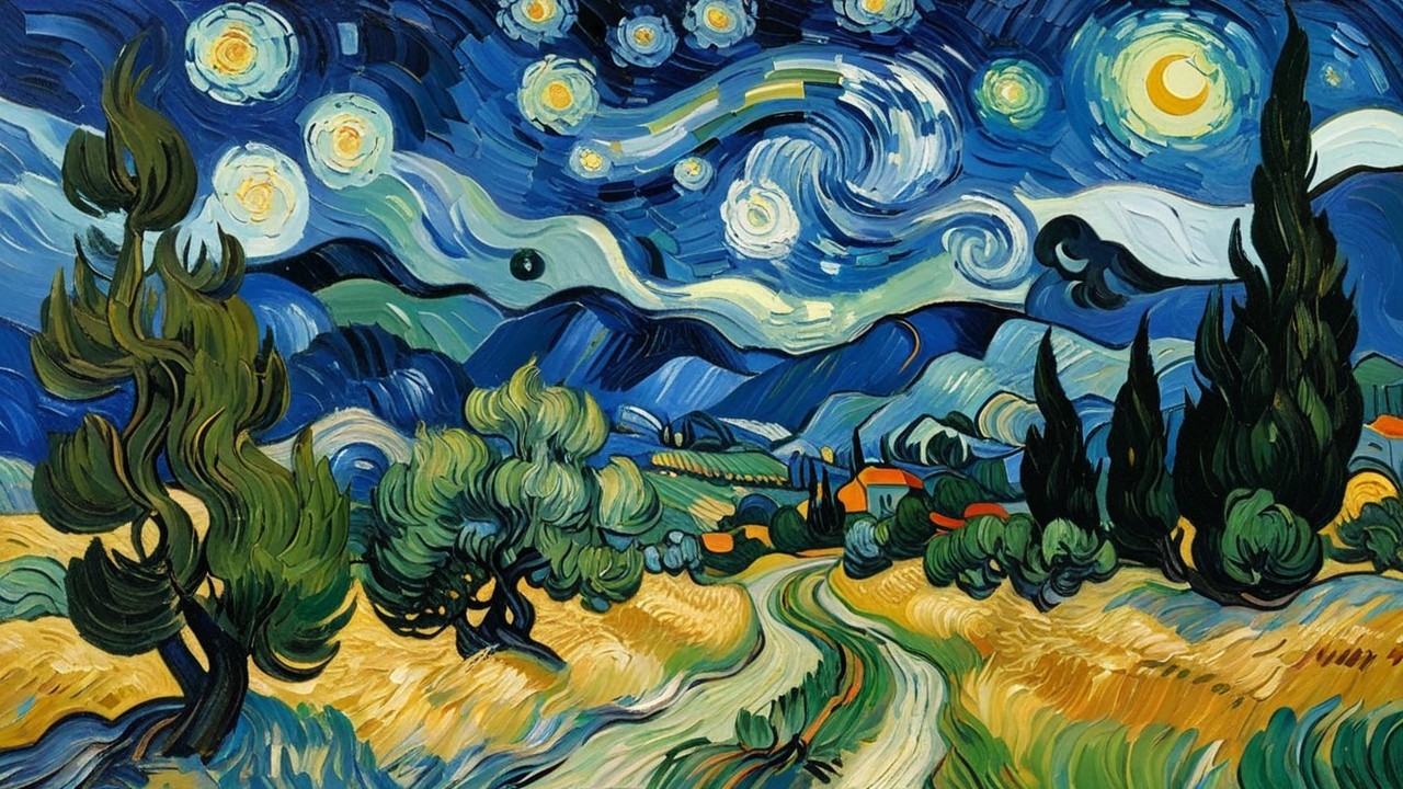Swirling Night Sky with Stars and Moon Over Landscape