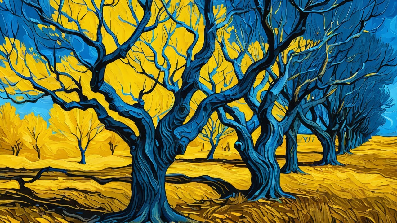Blue Twisting Trees in Yellow Grass Landscape Painting
